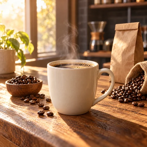 Steam rising from a coffee cup in warm morning light